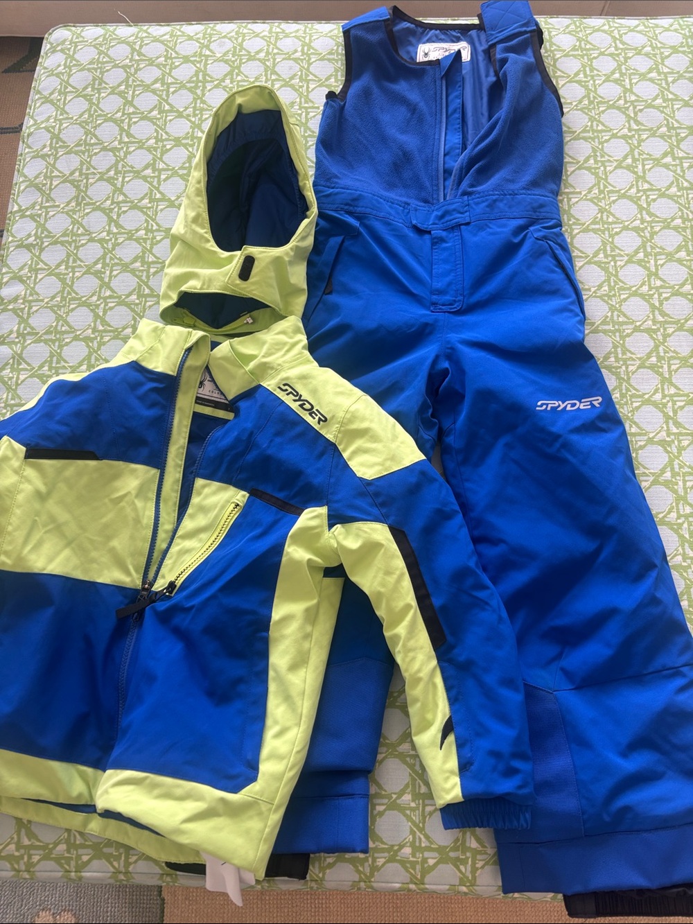 Spyder Blue and Neon Yellow Kids Ski Jacket with Matching Bib Pants